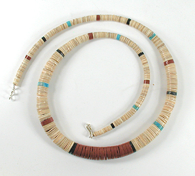 Authentic Native American jewelry 26 inch graduated melon shell Heishi Necklace by Santo Domingo artisan Torevia Crespin