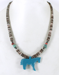 Authentic Native American Heishi 19 1/2 inch olive shell wafer necklace with blue horse by Navajo artisan Cynetta Smith