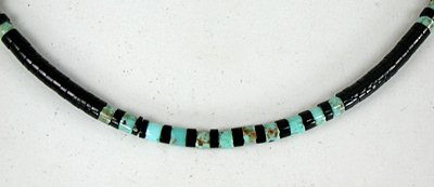 Authentic Native American Heishi Necklace of turquoise and acoma jet by the Navajo Teller family