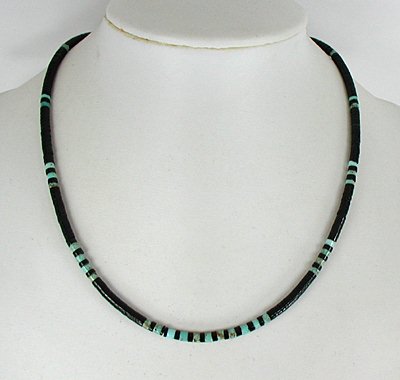 Authentic Native American Heishi Necklace of turquoise and acoma jet by the Navajo Teller family