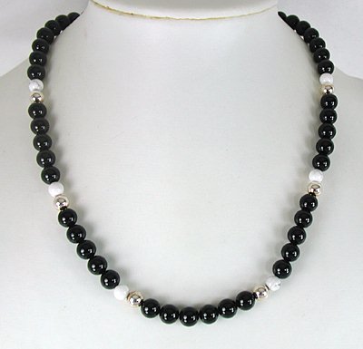 onyx, white marble, sterling silver bead necklace
