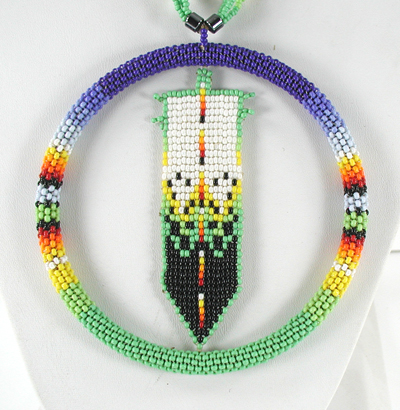 Authentic Native American hand beaded feather in hoop necklace by Oglala Lakota artisan