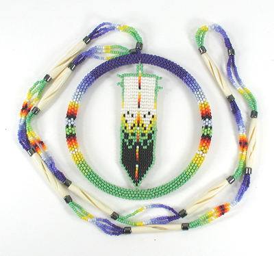Authentic Native American hand beaded feather in hoop necklace by Oglala Lakota artisan