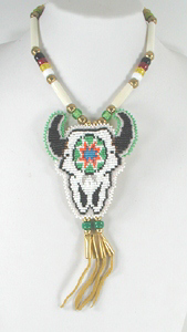 Authentic Native American Lakota bead necklace and hand beaded Buffalo Skull Pendant by Lakota artist Alan Monroe