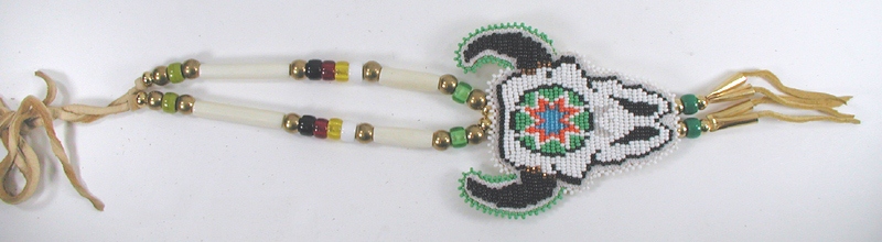 Authentic Native American Lakota bead necklace and hand beaded Buffalo Skull Pendant by Lakota artist Alan Monroe