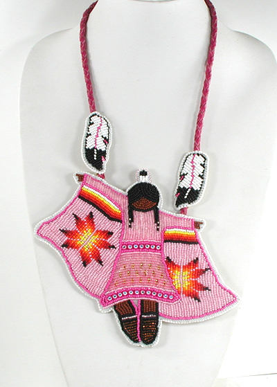 Authentic Native American hand beaded fancy dancer pendant on Braided Leather Necklace by Lakota prison inmate