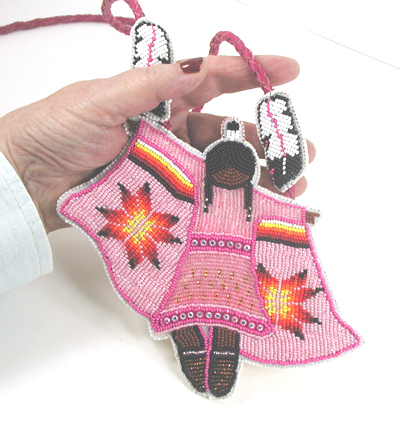 Authentic Native American hand beaded fancy dancer pendant on Braided Leather Necklace by Lakota prison inmate