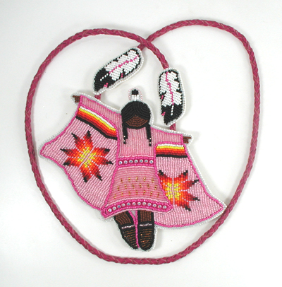 Authentic Native American hand beaded fancy dancer pendant on Braided Leather Necklace by Lakota prison inmate