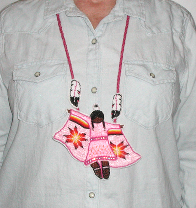 Authentic Native American hand beaded fancy dancer pendant on Braided Leather Necklace by Lakota prison inmate