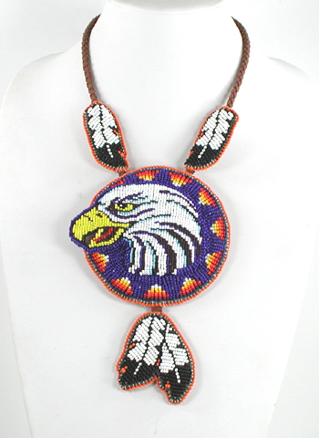 Authentic Native American hand beaded Eagle pendant on Braided Leather Necklace by Lakota prison inmate