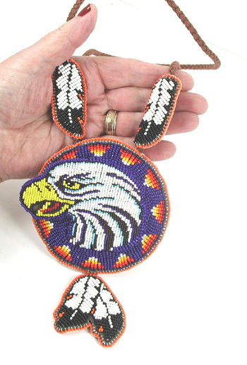 Authentic Native American hand beaded Eagle pendant on Braided Leather Necklace by Lakota prison inmate