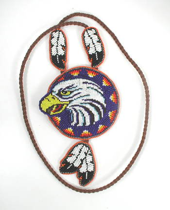 Authentic Native American hand beaded Eagle pendant on Braided Leather Necklace by Lakota prison inmate