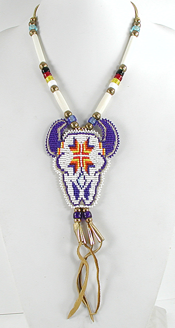 Authentic Native American hand beaded Buffalo pendant on Leather Necklace by Lakota artisan Shannon Fast Horse