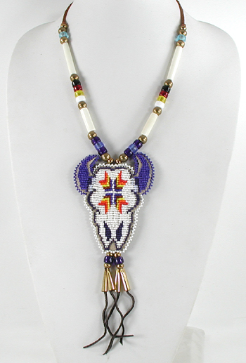 Authentic Native American hand beaded Buffalo pendant on Leather Necklace by Lakota artisan Shannon Fast Horse