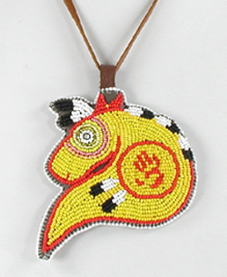 Authentic Native American hand beaded yellow horse head red hand pendant with leather necklace by Lakota artisan Shannon Fast Horse