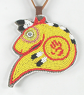 Authentic Native American hand beaded yellow horse head red hand pendant with leather necklace by Lakota artisan Shannon Fast Horse