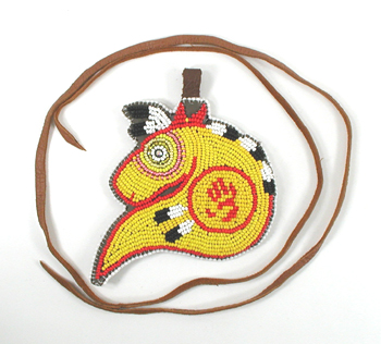 Authentic Native American hand beaded yellow horse head red hand pendant with leather necklace by Lakota artisan Shannon Fast Horse