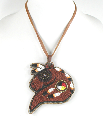 Authentic Native American hand beaded brown horse head Medicine Wheel pendant with leather necklace by Lakota artisan Shannon Fast Horse
