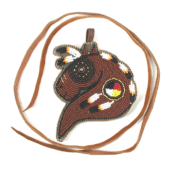 Authentic Native American hand beaded brown horse head Medicine Wheel pendant with leather necklace by Lakota artisan Shannon Fast Horse