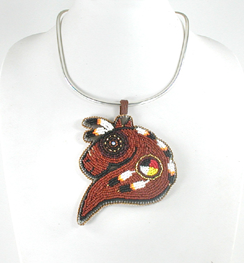 Authentic Native American hand beaded brown horse head Medicine Wheel pendant with leather necklace by Lakota artisan Shannon Fast Horse