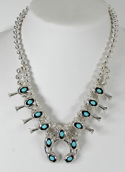 Authentic Native American Navajo Small Turquoise Squash Blossom Necklace by Phillip and Lenore Garcia