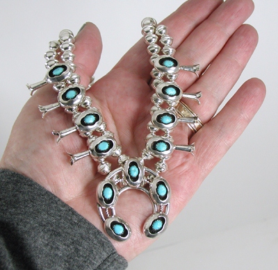 Authentic Native American Navajo Small Turquoise Squash Blossom Necklace by Phillip and Lenore Garcia