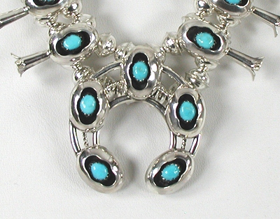 Authentic Native American Navajo Small Turquoise Squash Blossom Necklace by Phillip and Lenore Garcia
