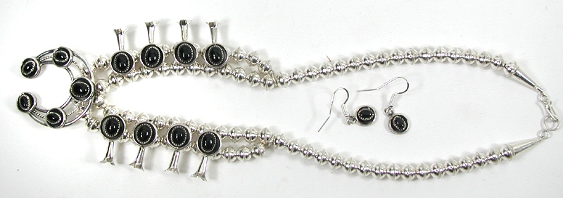 Authentic Native American Navajo Small Onyx Squash Blossom Necklace by Phillip and Lenore Garcia