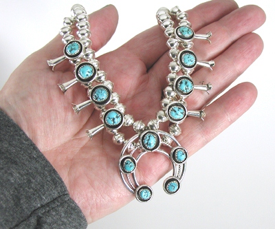 Authentic Native American Navajo Small Turquoise Squash Blossom Necklace by Phillip and Lenore Garcia