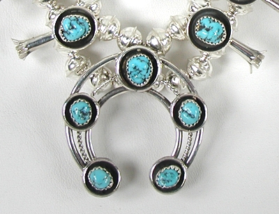 Authentic Native American Navajo Small Turquoise Squash Blossom Necklace by Phillip and Lenore Garcia