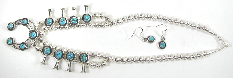 Authentic Native American Navajo Small Turquoise Squash Blossom Necklace by Phillip and Lenore Garcia