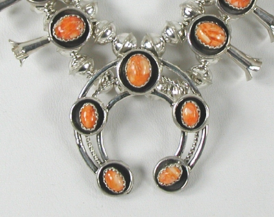Authentic Native American Navajo Small orange spiny oyster Squash Blossom Necklace by Phillip and Lenore Garcia