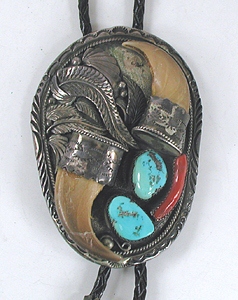 vintage sterling silver Twin Claws with turquoise and coral Bolo tie