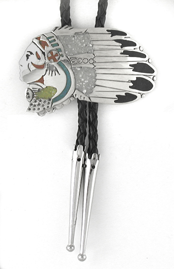 Authentic Native American  German silver Inlaid Chief Bolo tie by Lakota artisan Mitchell Zephier