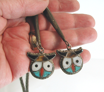 authentic Native American vintage sterling silver and stone inlay owl bolo tie by Zuni artisan Theodore and Margaret Edaakie