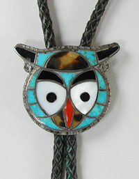 authentic Native American authentic Native American vintage sterling silver and stone inlay owl bolo tie by Zuni artisan Theodore and Margaret Edaakie by Zuni artisan Theodore and Margaret Edaakie