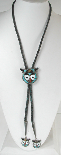 authentic Native American vintage sterling silver and stone inlay owl bolo tie by Zuni artisan Theodore and Margaret Edaakie