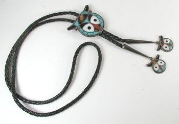 authentic Native American vintage sterling silver and stone inlay owl bolo tie by Zuni artisan Theodore and Margaret Edaakie
