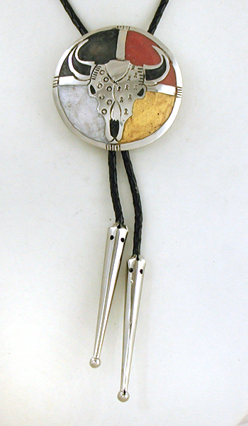 Authentic Native American  German silver Four Directions Medicine Wheel Bolo tie by Lakota artisan Mitchell Zephier