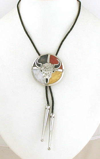 Authentic Native American  German silver Four Directions Medicine Wheel Bolo tie by Lakota artisan Mitchell Zephier
