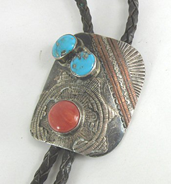 Vintage sterling silver Turquoise and Coral bolo tie by a Navajo artist R or B Yazzie