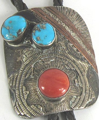 Vintage sterling silver Turquoise and Coral bolo tie by a Navajo artist R or B Yazzie