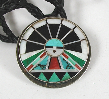 Vintage inlay turquoise coral sterling silver Sunface bolo tie by Zuni Rickie and Lucy Vacit