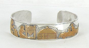 Authentic Vintage NOS Native American Navajo Sterling Silver and Gold Storyteller Bracelet by Kee Brown