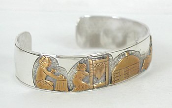 Authentic Vintage NOS Native American Navajo Sterling Silver and Gold Storyteller Bracelet by Kee Brown