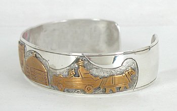 Authentic Vintage NOS Native American Navajo Sterling Silver and Gold Storyteller Bracelet by Kee Brown