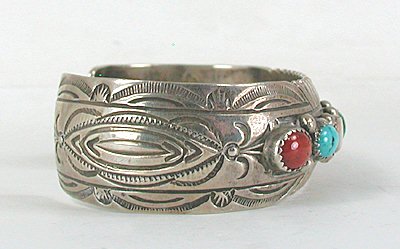 Authentic Native American vintage Sterling Silver Stamped Multi-Stone Bracelet by Navajo Wilbert Benally