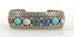 Authentic Native American vintage Sterling Silver Stamped Mulit-Stone Bracelet by Navajo Wilbert Benally