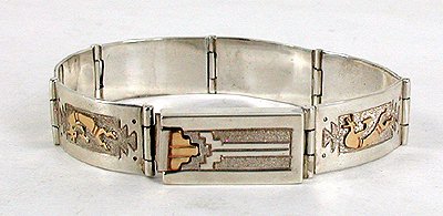 Authentic Vintage NOS Native American Sterling Silver and Gold Kokopelli Storyteller Bracelet by Navajo Alonzo Mariano
