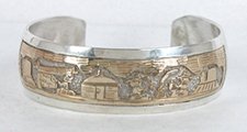 Authentic Vintage NOS Native American Navajo Sterling Silver and Gold Storyteller Bracelet by Tom and Sylvia Kee
